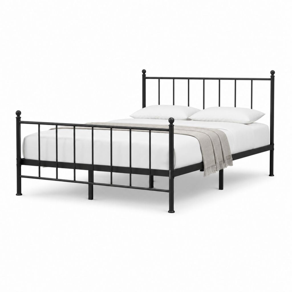 Cadre de lit double 160 x 200 cm noir en acier avec tête et pied de lit à barreaux
