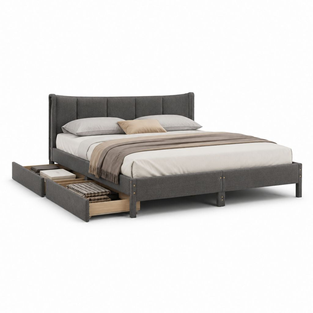 Lit double avec rangement gris anthracite en polyester 160 x 200 cm