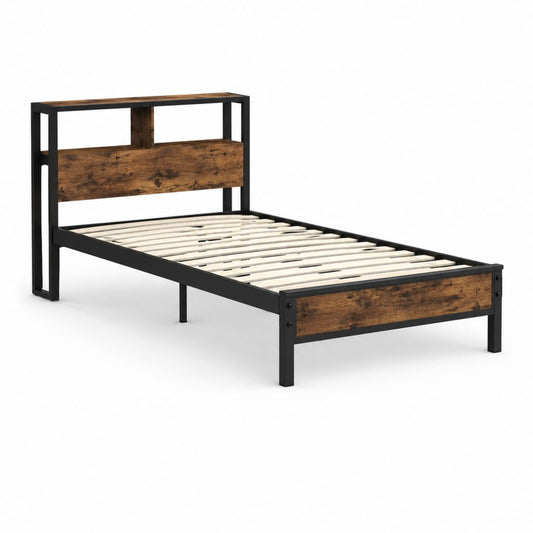 Lit simple rectangulaire 90 x 190 cm avec sommier à lattes acier noir et MDF décor chêne rustique