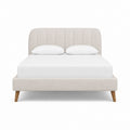 Lit double 160 x 200 cm beige en polyester avec tête de lit capitonnée et pieds en bois massif
