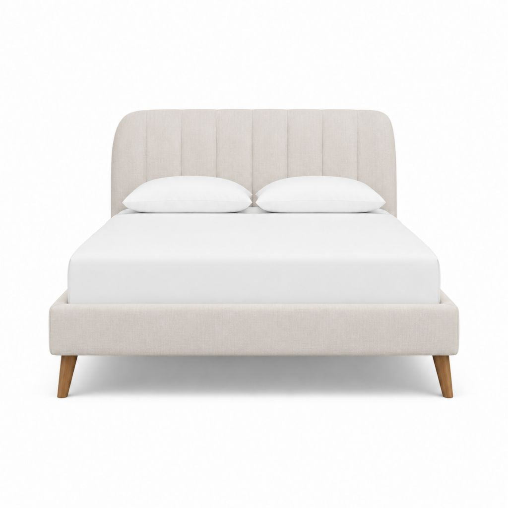 Lit double 160 x 200 cm beige en polyester avec tête de lit capitonnée et pieds en bois massif