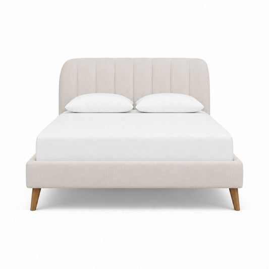 Lit double 160 x 200 cm beige en polyester avec tête de lit capitonnée et pieds en bois massif