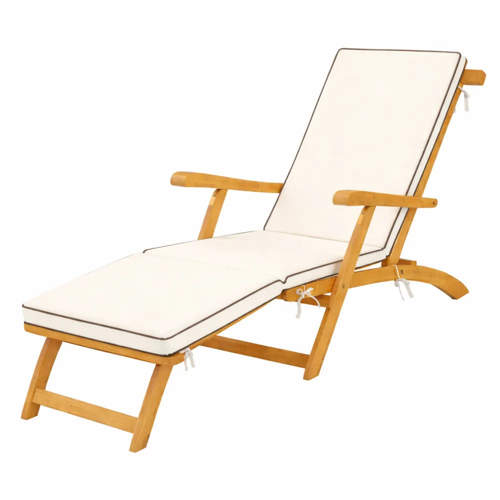 Chaise Longue Pliante en Bois d'Acacia, Transat de Jardin avec Coussin Blanc