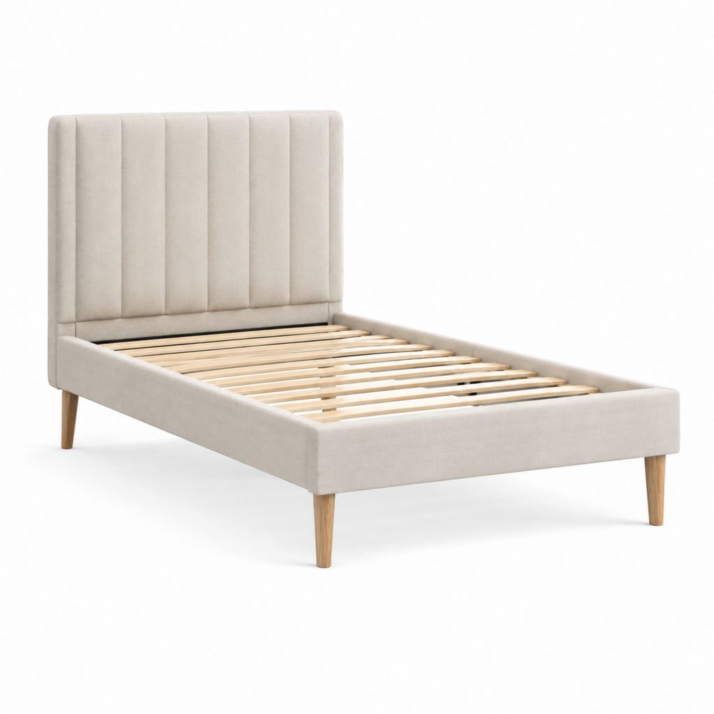 Lit simple 90 x 190 cm beige en polyester avec sommier à lattes et tête de lit capitonnée