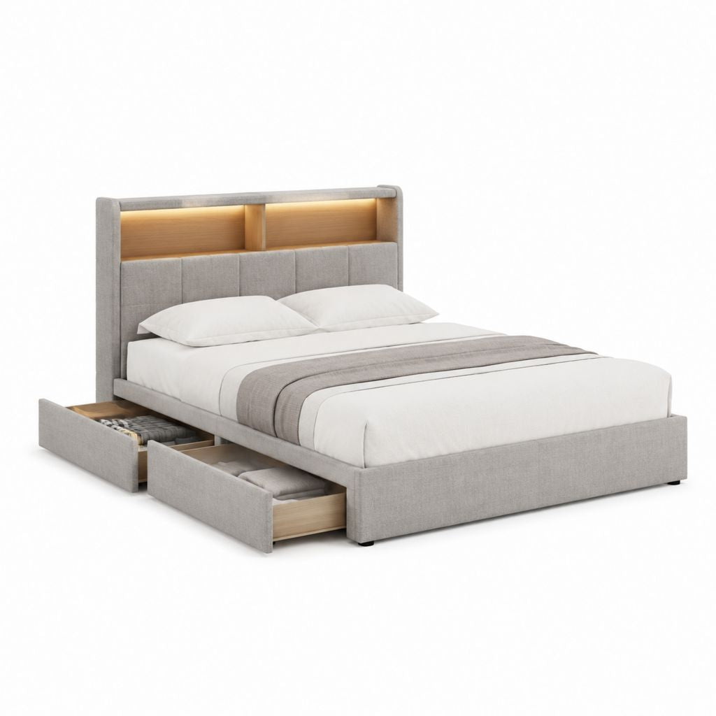Lit coffre 160 x 200 cm gris en polyester avec tête de lit LED et 2 tiroirs