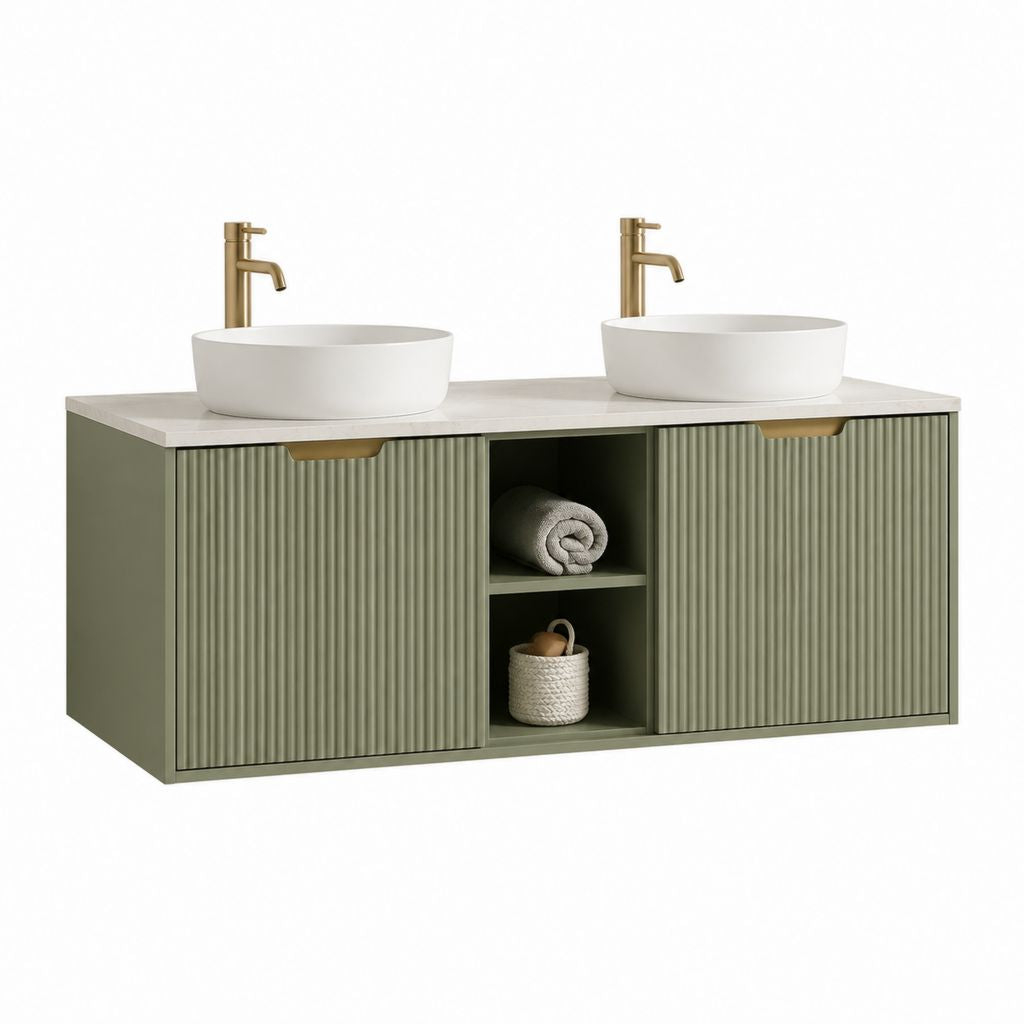 Meuble sous vasque suspendu double vert olive en MDF 140 x 50 x 55 cm