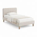 Lit simple 90 x 190 cm beige en polyester avec tête de lit capitonnée et pieds en bois massif