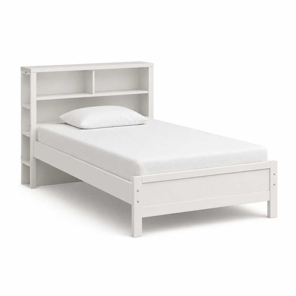 Lit simple blanc en MDF avec tête de lit bibliothèque 90 x 190 cm