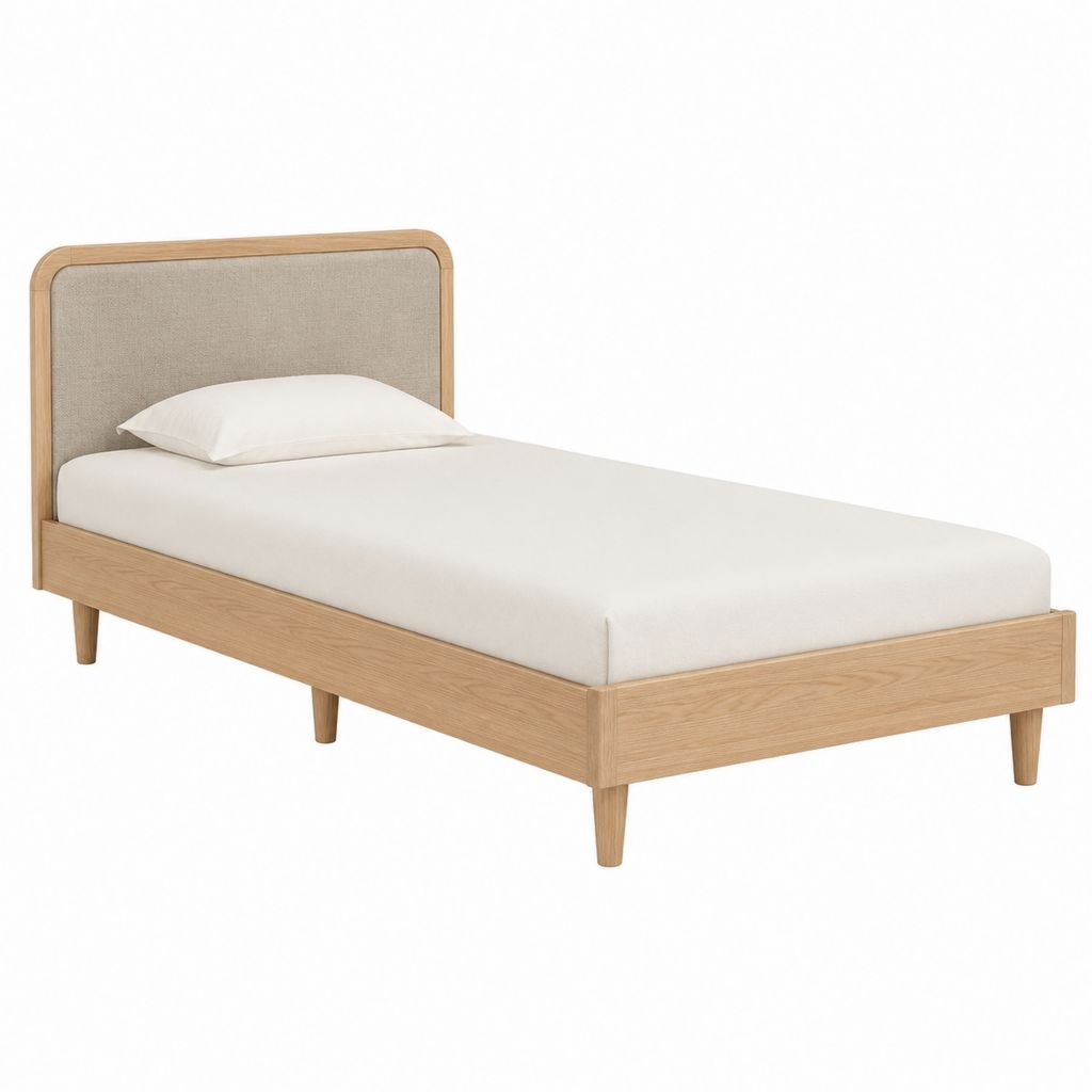 Lit simple 90 x 190 cm chêne clair avec tête de lit capitonnée beige
